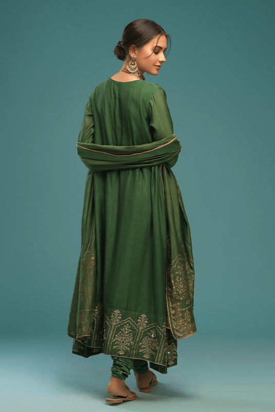 Green Sheesha Embroidered Raw Silk Angrakha (3-Piece) - Image 5