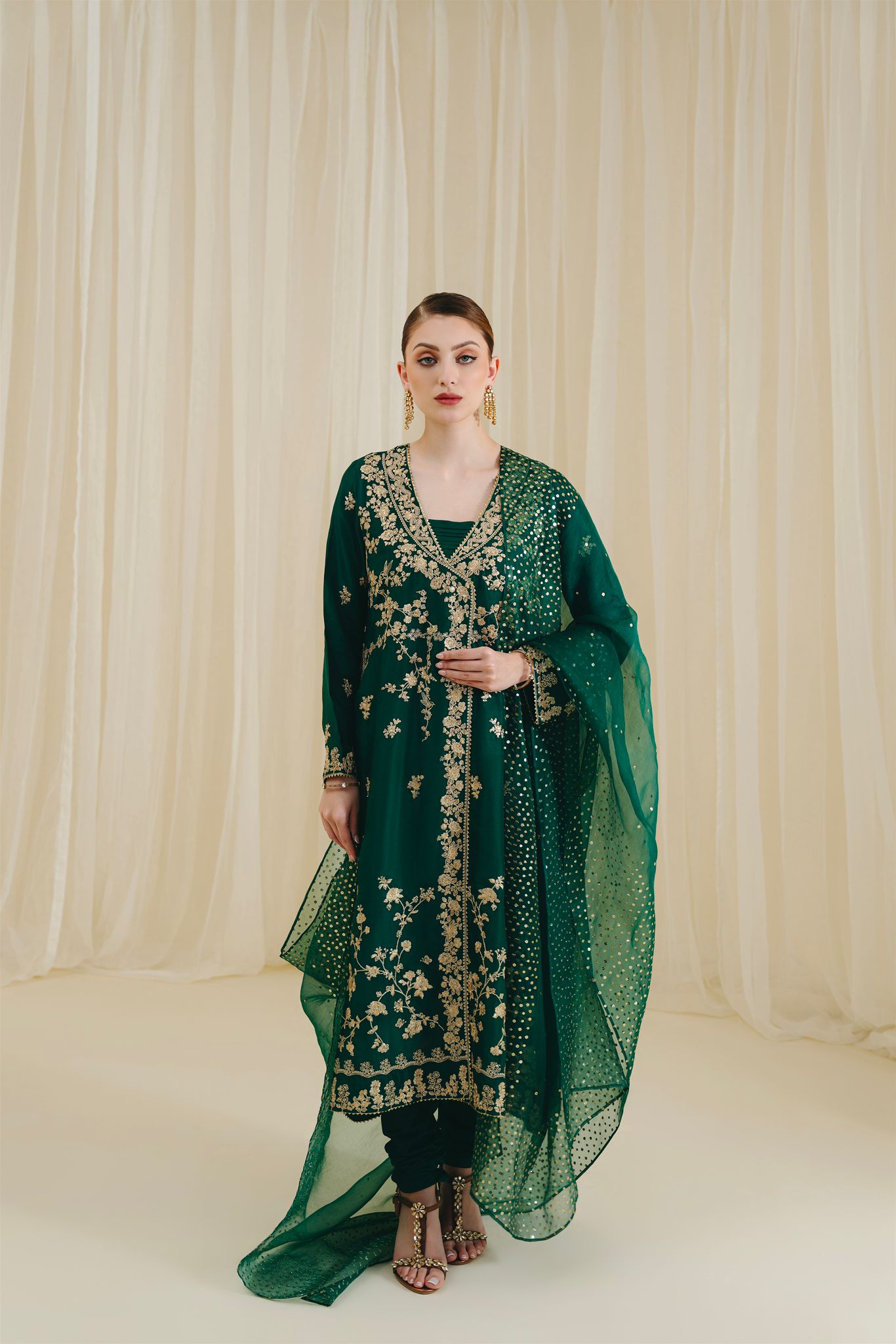 Pakistani Poison Green Zari Sequin Raw Silk Angrakha (3-Piece) - Image 1