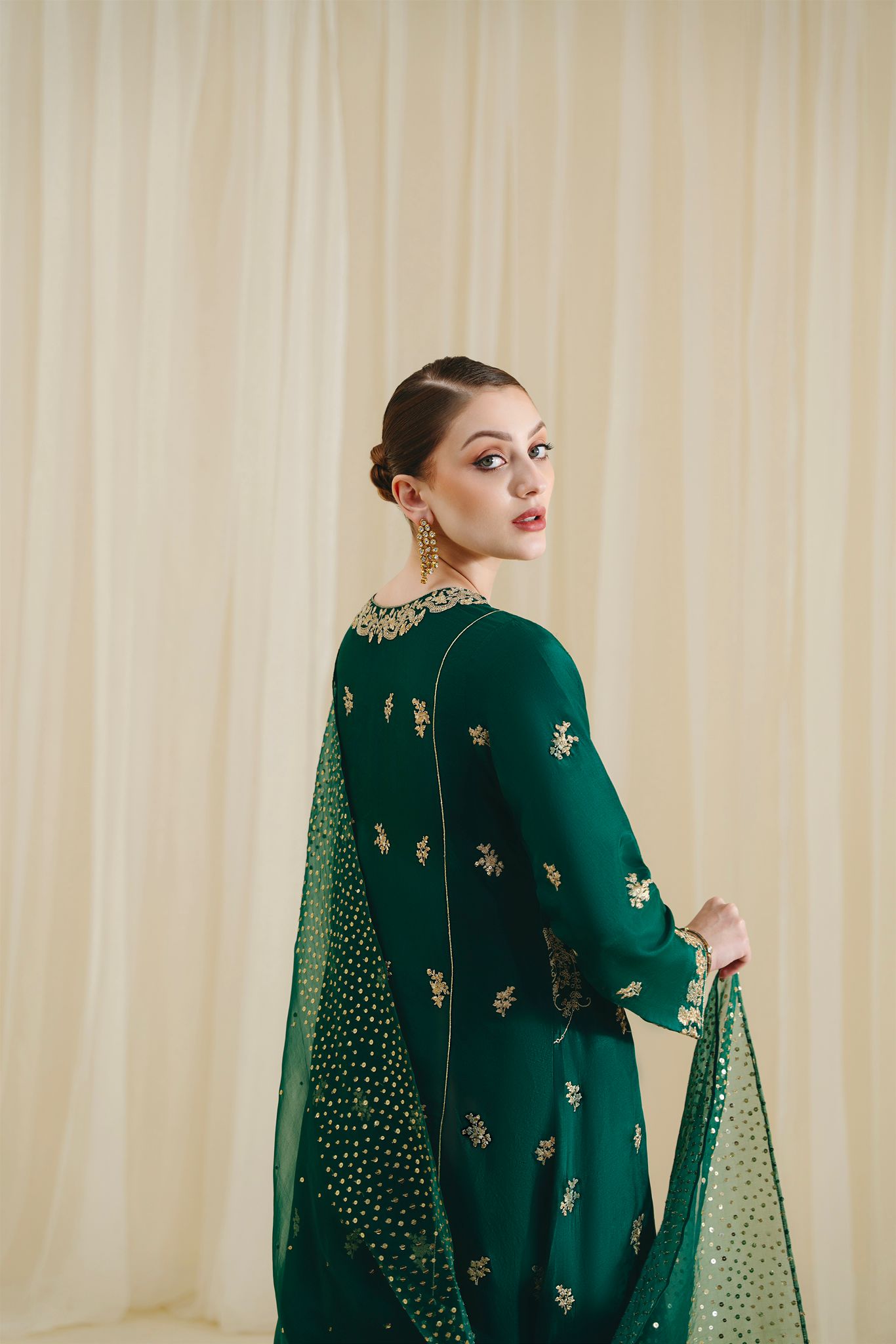 Pakistani Poison Green Zari Sequin Raw Silk Angrakha (3-Piece) - Image 2