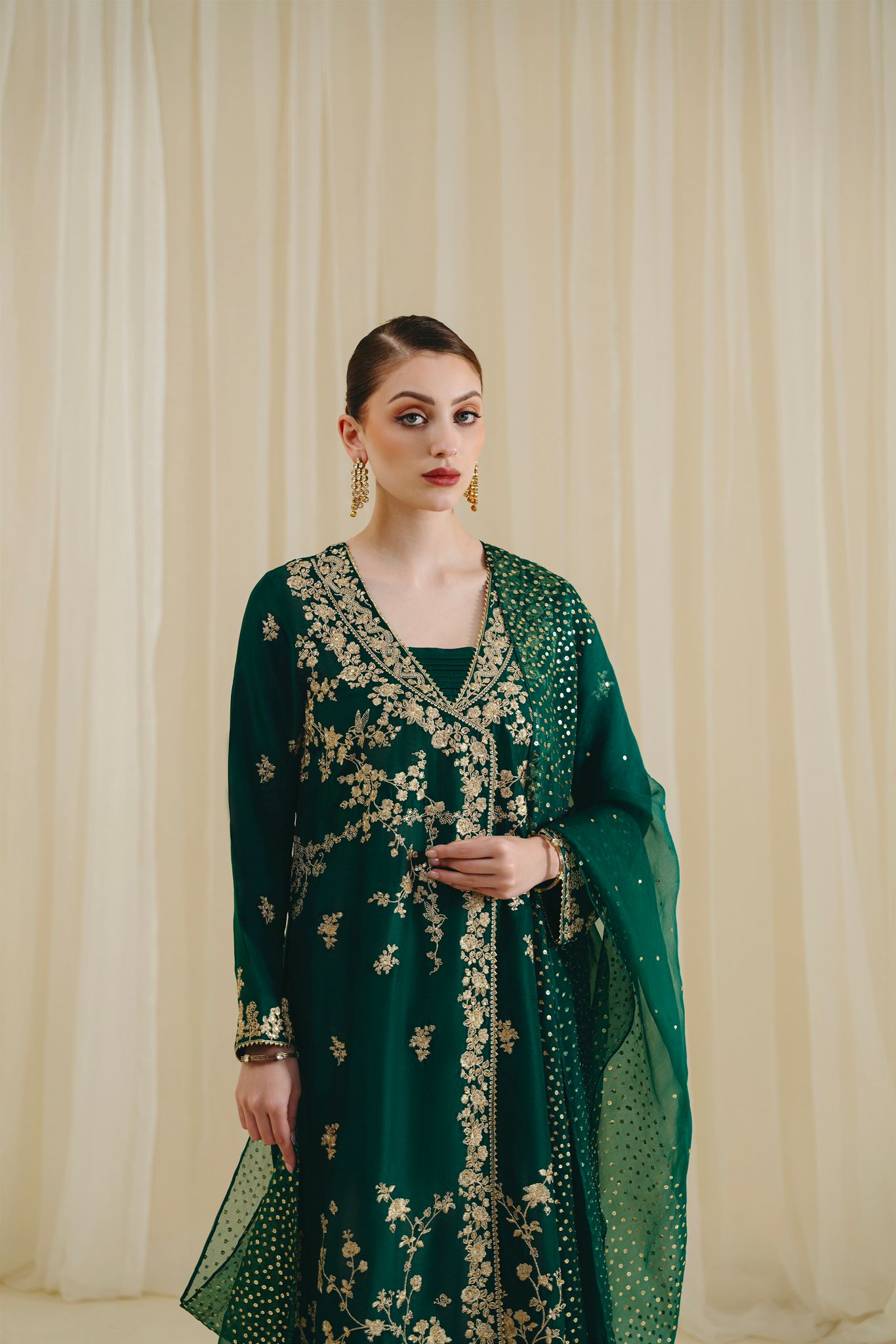 Pakistani Poison Green Zari Sequin Raw Silk Angrakha (3-Piece) - Image 3