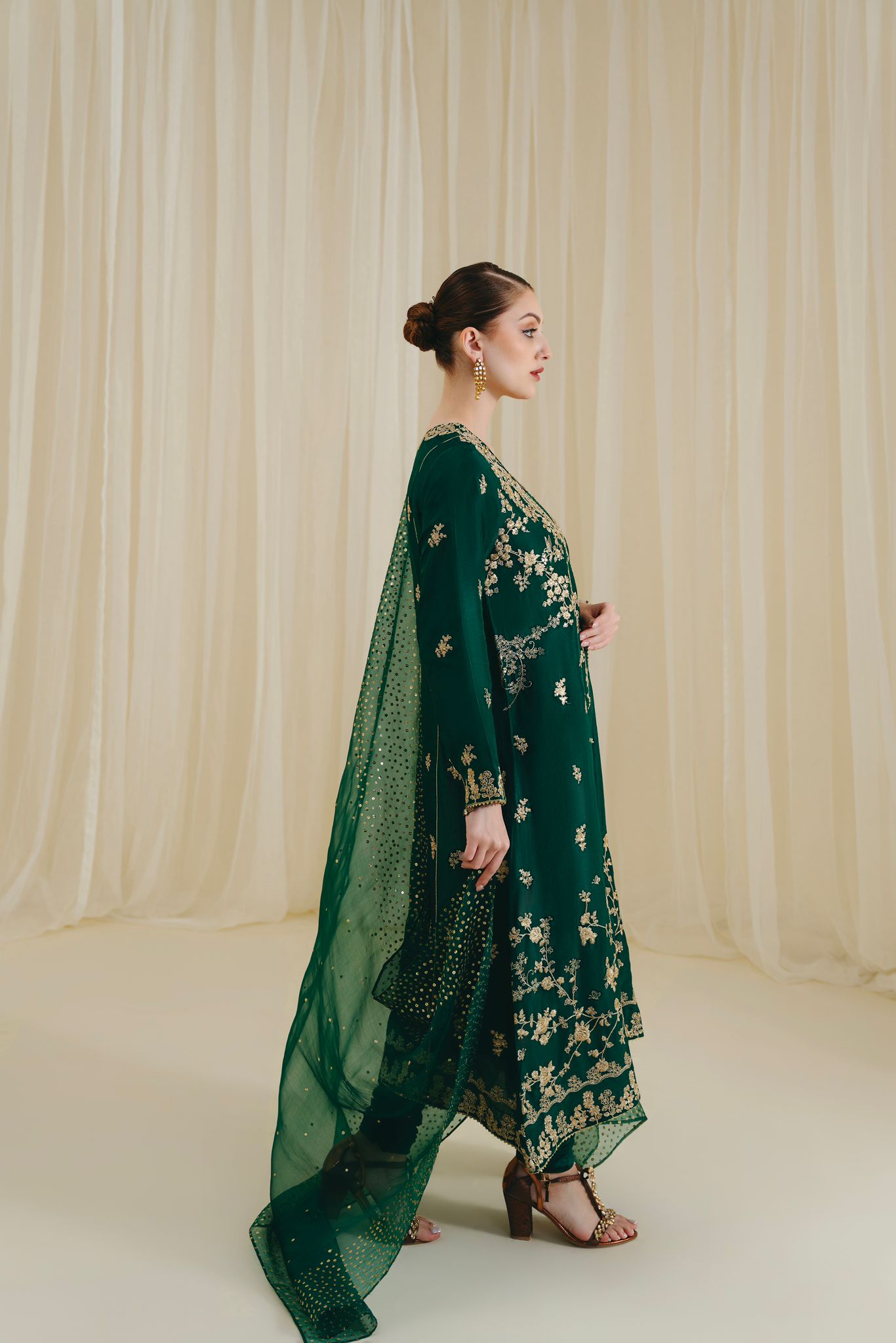 Pakistani Poison Green Zari Sequin Raw Silk Angrakha (3-Piece) - Image 4