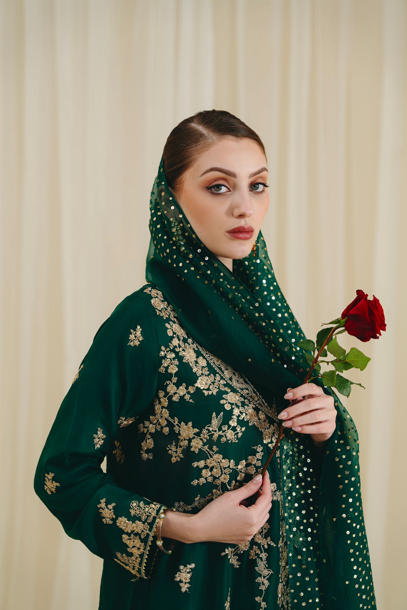 Pakistani Poison Green Zari Sequin Raw Silk Angrakha (3-Piece) - Image 5