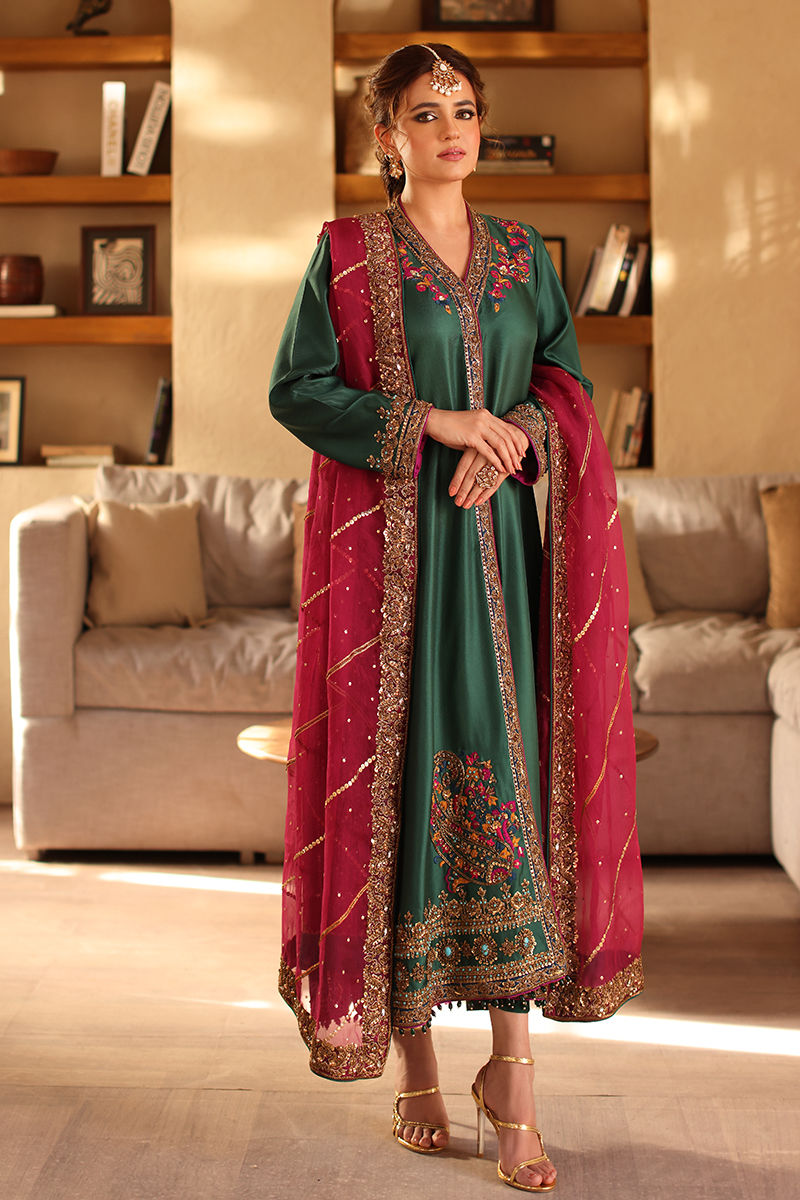 Pakistani Bottle Green Handworked Raw Silk Angrakha (3-Piece) - Image 1