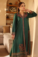 Pakistani Bottle Green Handworked Raw Silk Angrakha (3-Piece) - Image 3