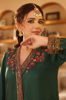 Pakistani Bottle Green Handworked Raw Silk Angrakha (3-Piece) - Image 4