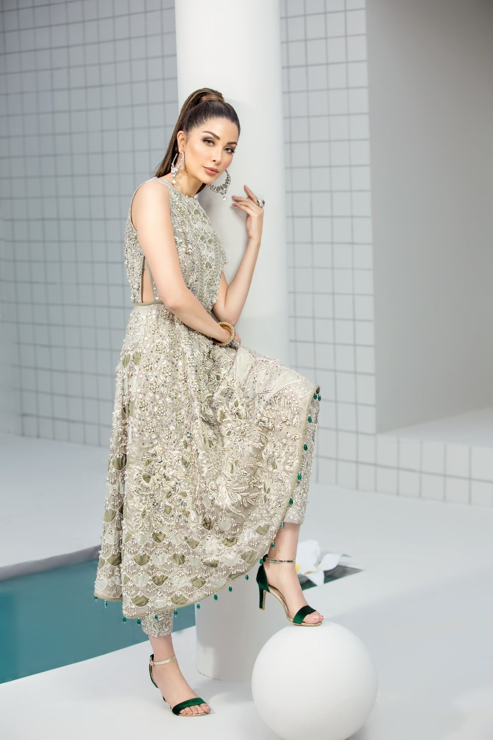 Pakistani Pistachio Silver Embellished Net Organza Angrakha (2-Piece) - Image 2