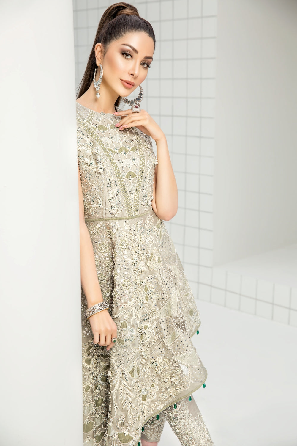 Pakistani Pistachio Silver Embellished Net Organza Angrakha (2-Piece) - Image 4