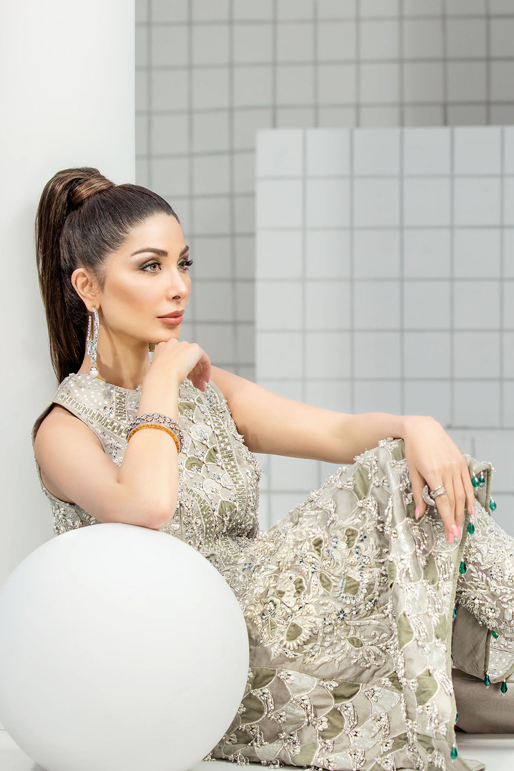 Pakistani Pistachio Silver Embellished Net Organza Angrakha (2-Piece) - Image 6