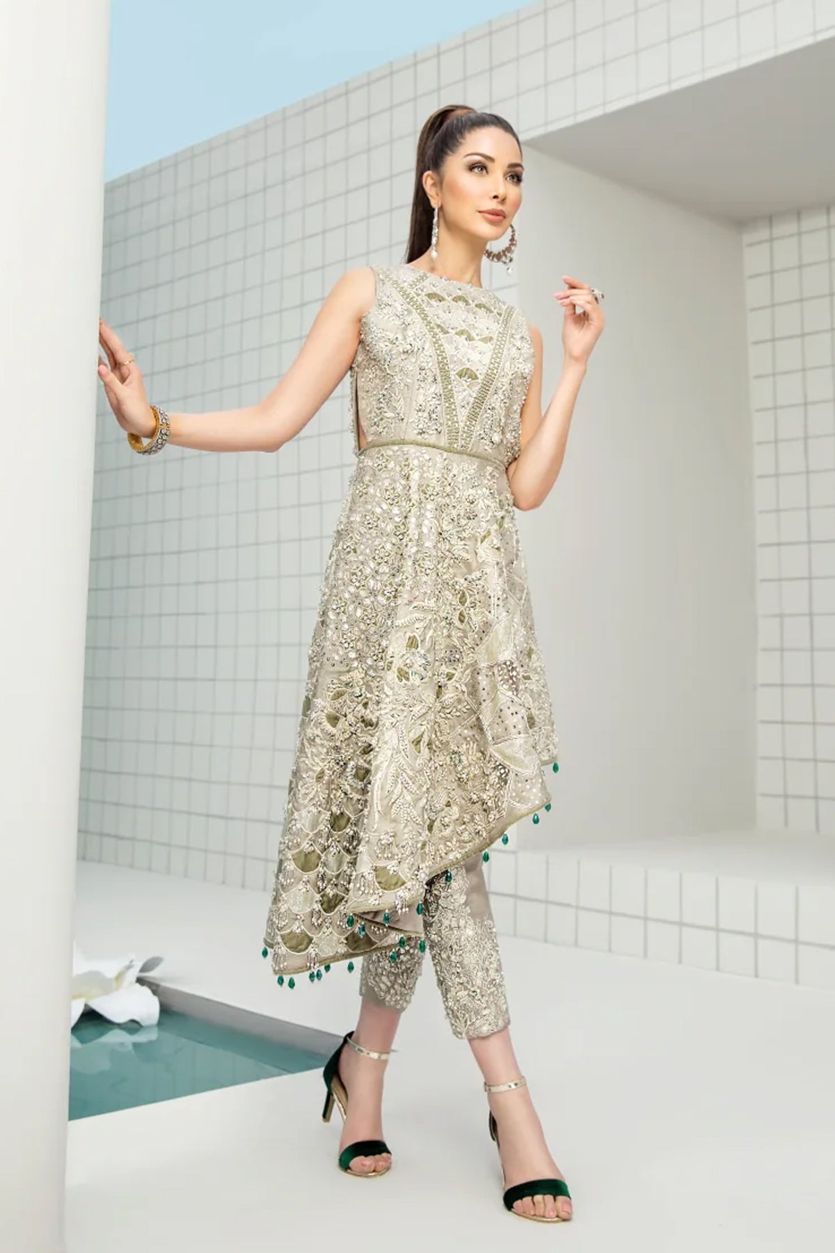 Pistachio Silver Embellished Silk-Blend Angrakha (2-Piece) - Image 1