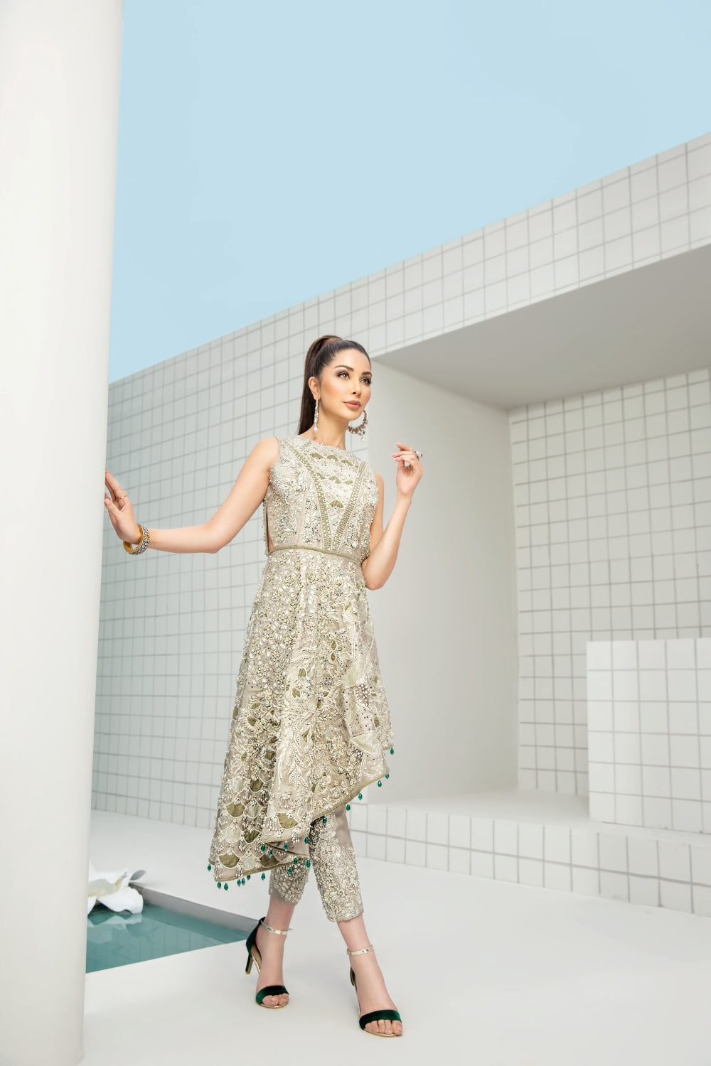 Pistachio Silver Embellished Silk-Blend Angrakha (2-Piece) - Image 3