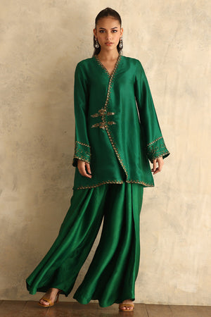 Emerald Green Gold Embroidered Silk Angrakha (2-Piece) - Image 2