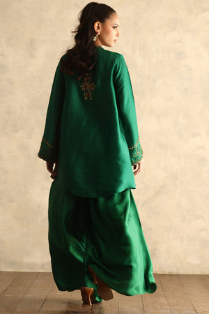 Emerald Green Gold Embroidered Silk Angrakha (2-Piece) - Image 3