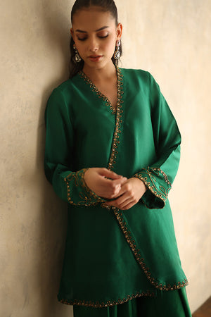 Emerald Green Gold Embroidered Silk Angrakha (2-Piece) - Image 5