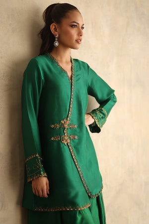 Emerald Green Gold Embroidered Silk Angrakha (2-Piece) - Image 6