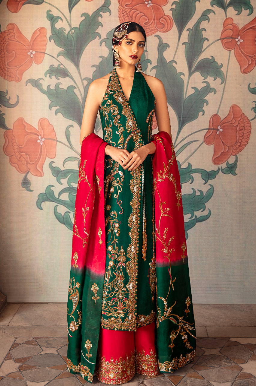 Emerald Zardozi Silk Jamawar Angrakha (3-Piece) - Image 1