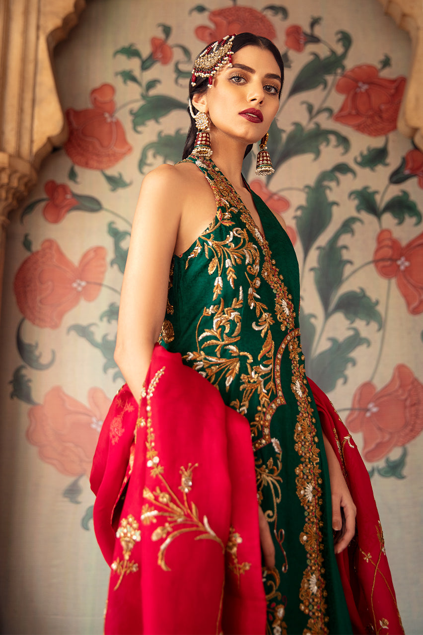 Emerald Zardozi Silk Jamawar Angrakha (3-Piece) - Image 2