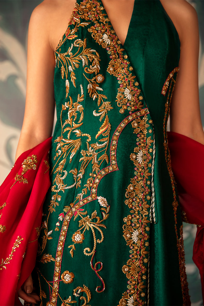Emerald Zardozi Silk Jamawar Angrakha (3-Piece) - Image 3