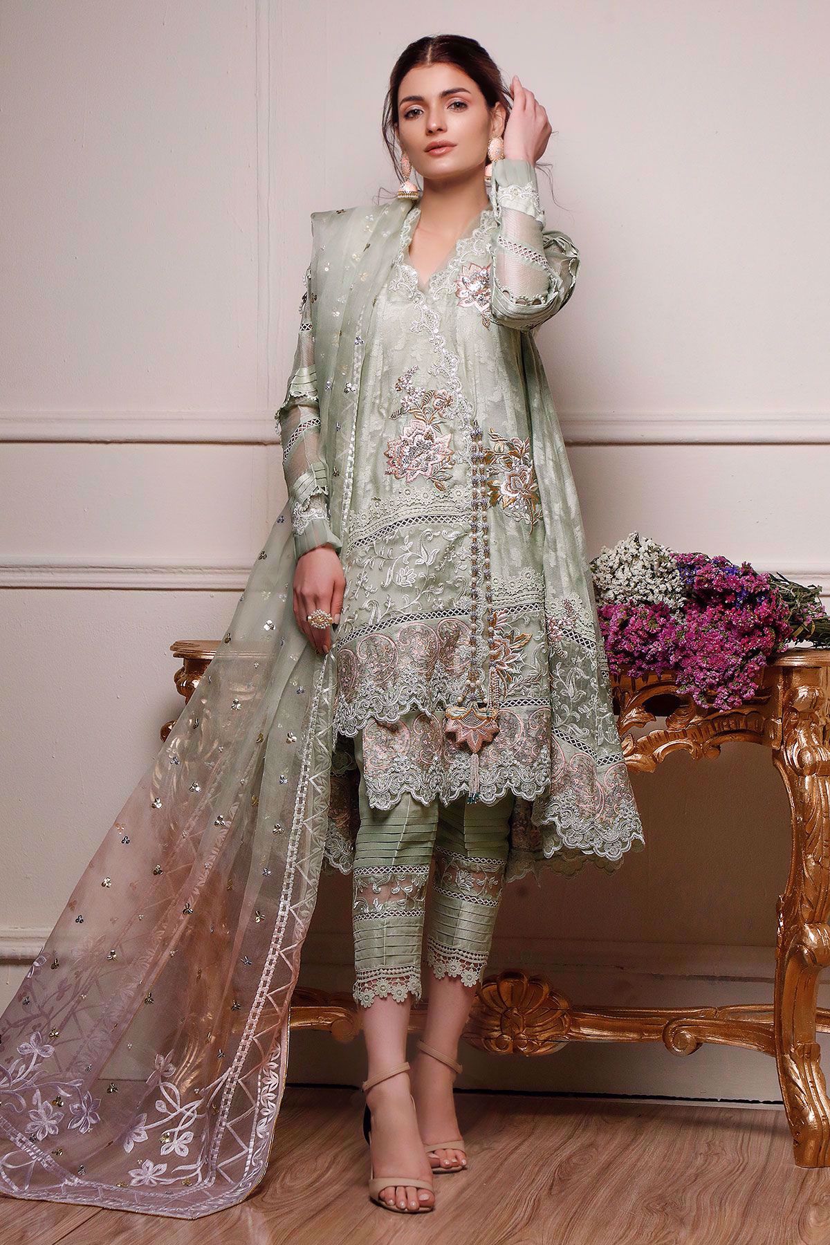 Pakistani Gossamer Green Embroidered Silk Net Angharka (3-Piece) - Image 1