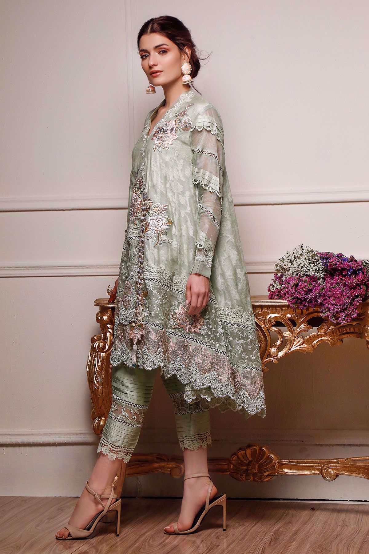 Pakistani Gossamer Green Embroidered Silk Net Angharka (3-Piece) - Image 2