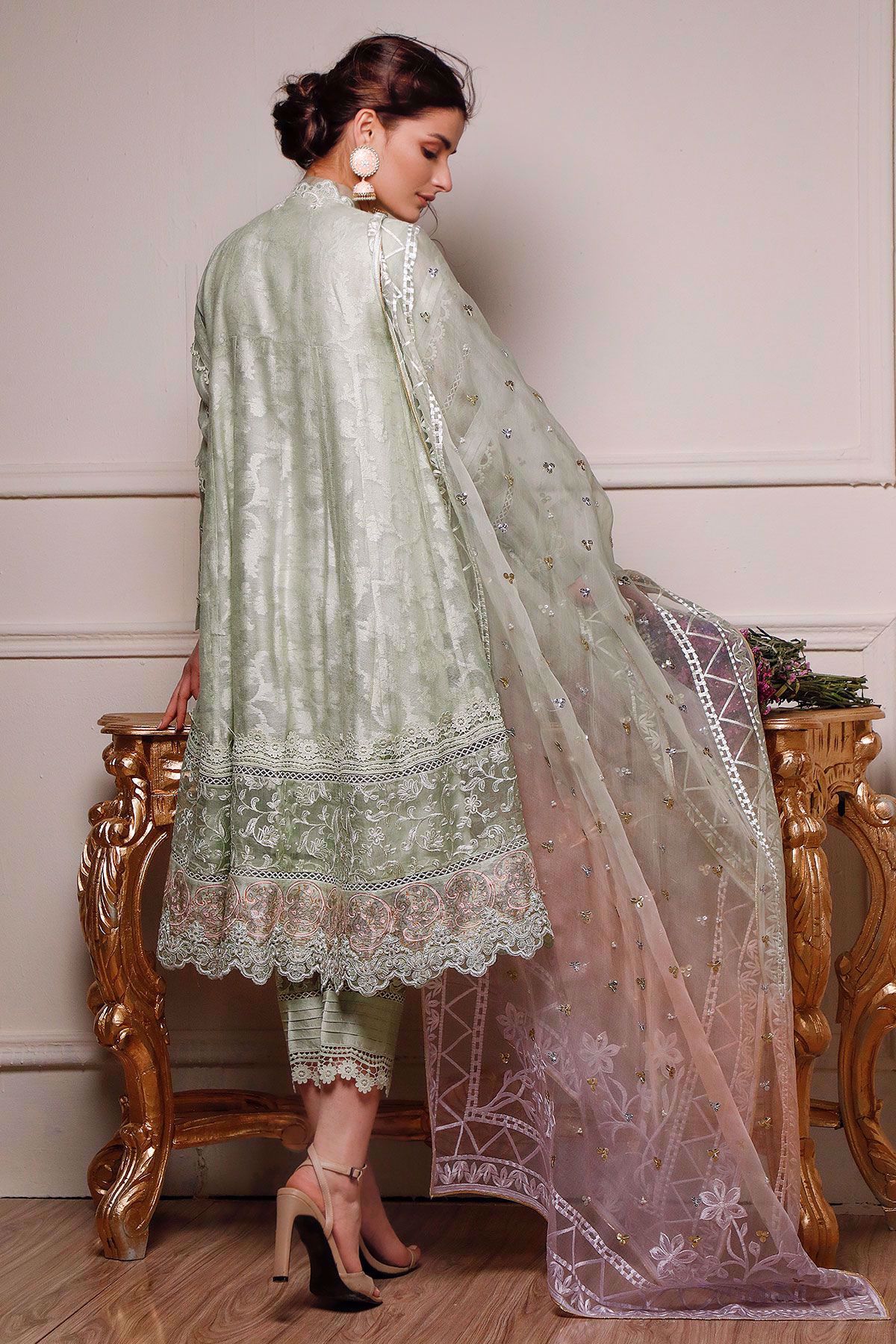 Pakistani Gossamer Green Embroidered Silk Net Angharka (3-Piece) - Image 3