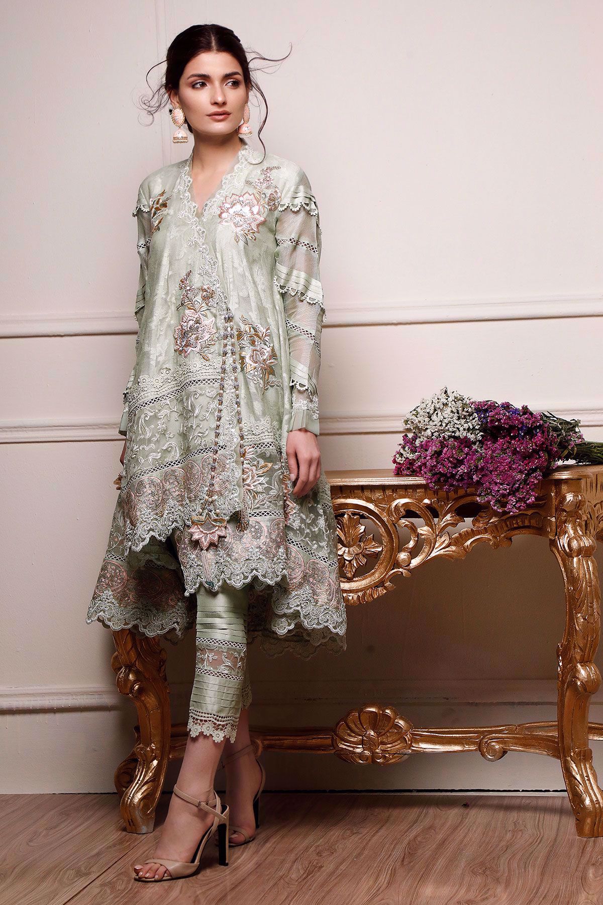 Pakistani Gossamer Green Embroidered Silk Net Angharka (3-Piece) - Image 4