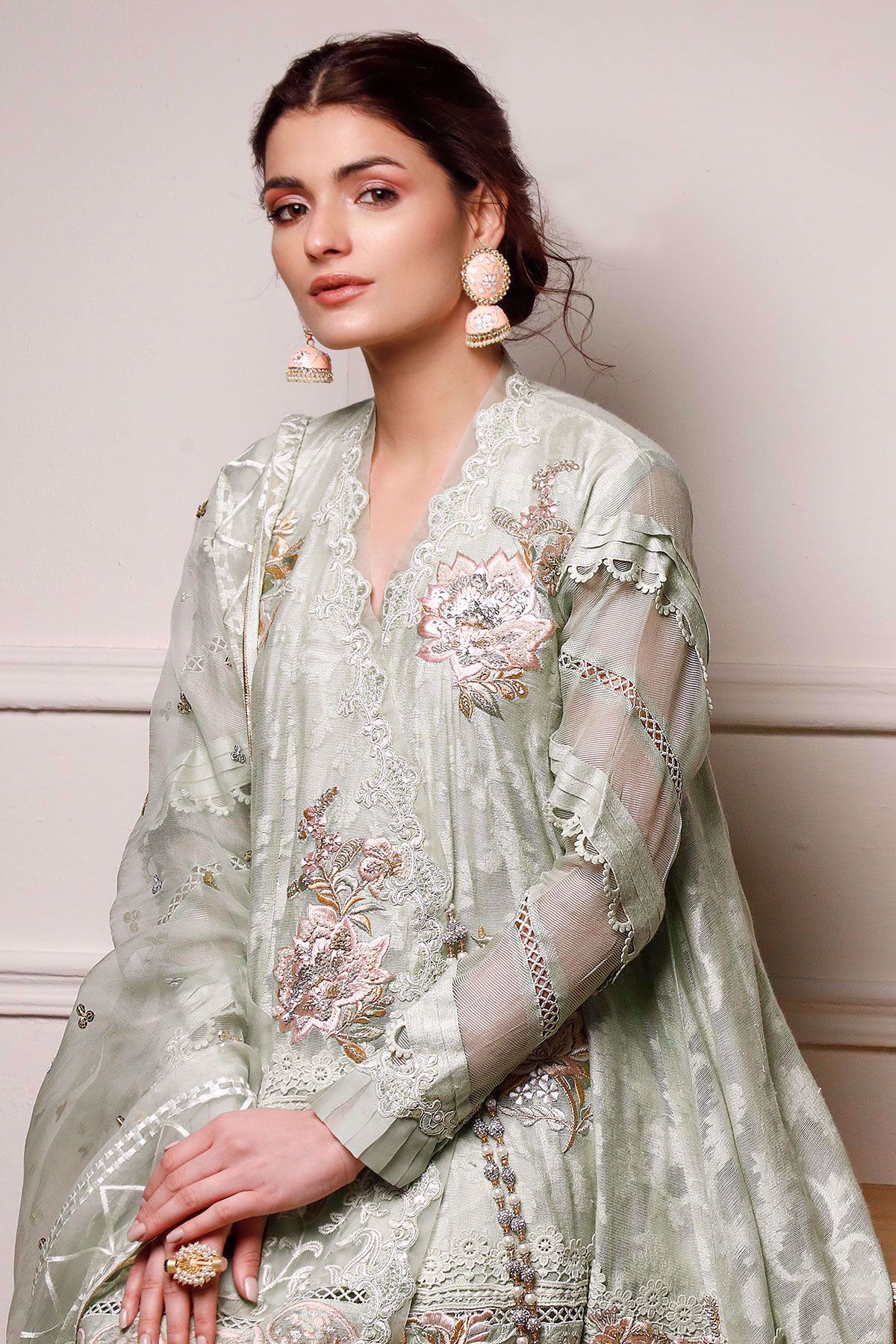 Pakistani Gossamer Green Embroidered Silk Net Angharka (3-Piece) - Image 5