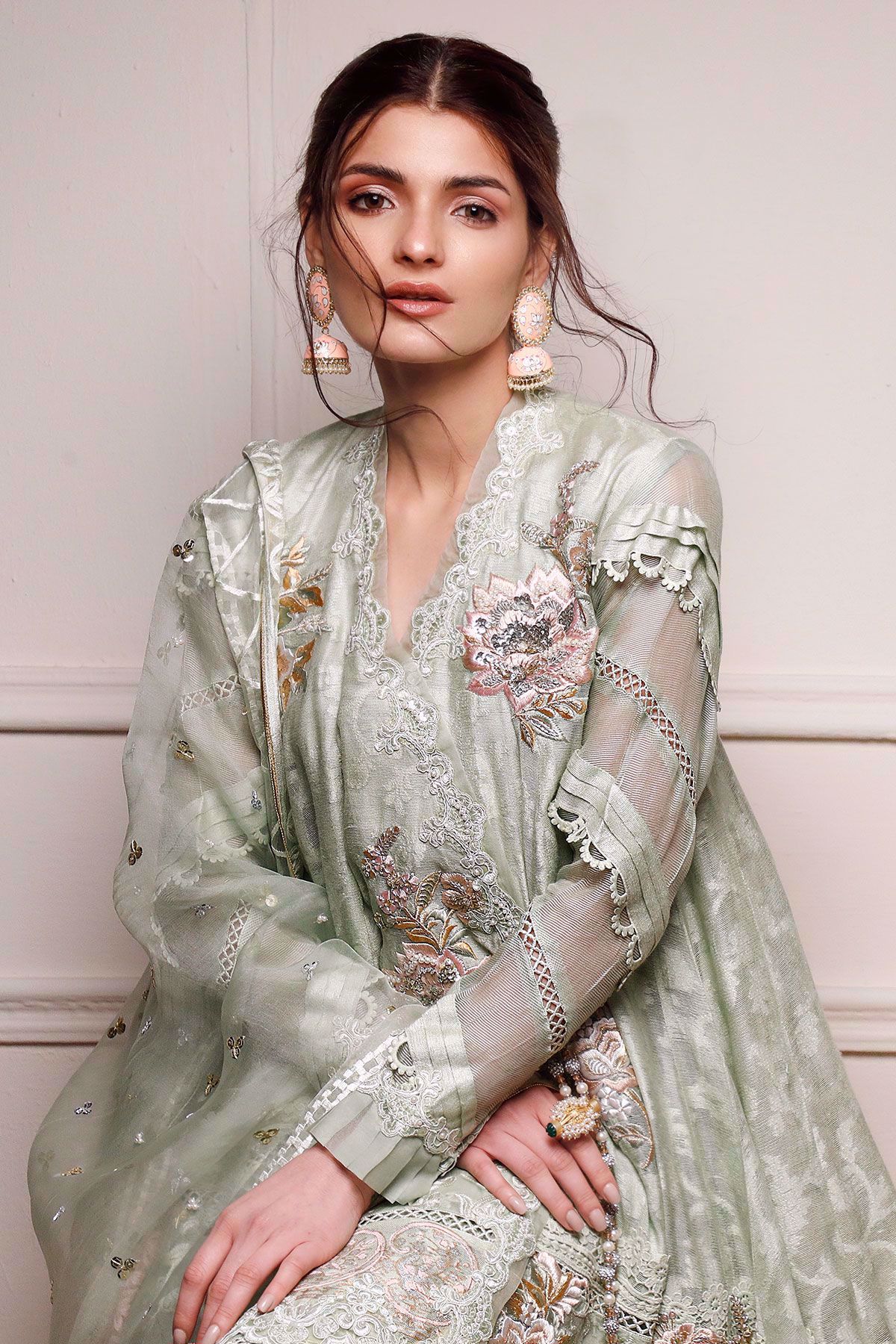 Pakistani Gossamer Green Embroidered Silk Net Angharka (3-Piece) - Image 6