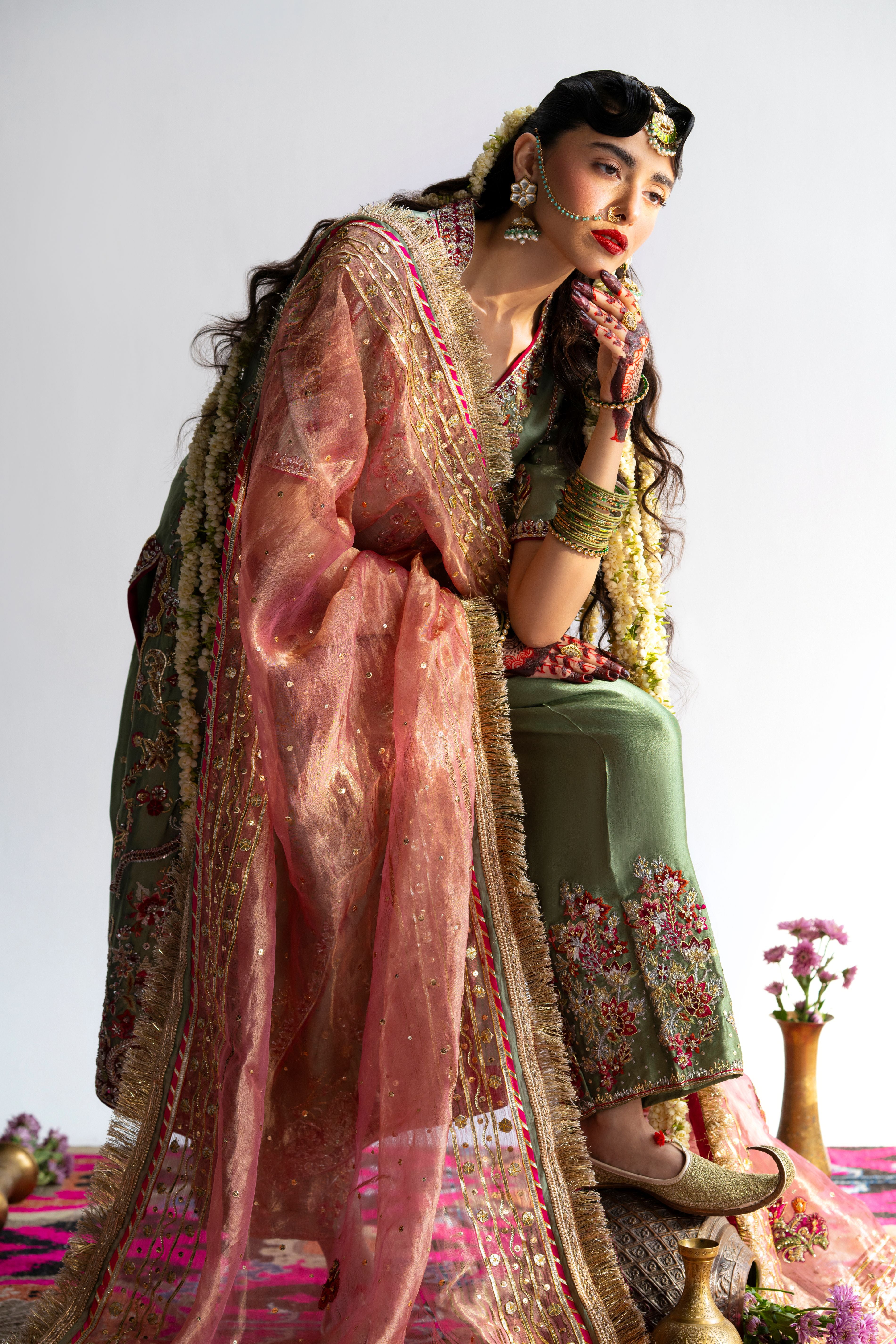 Sage Green Embroidered Tissue Silk Angrakha (3-Piece) - Image 2