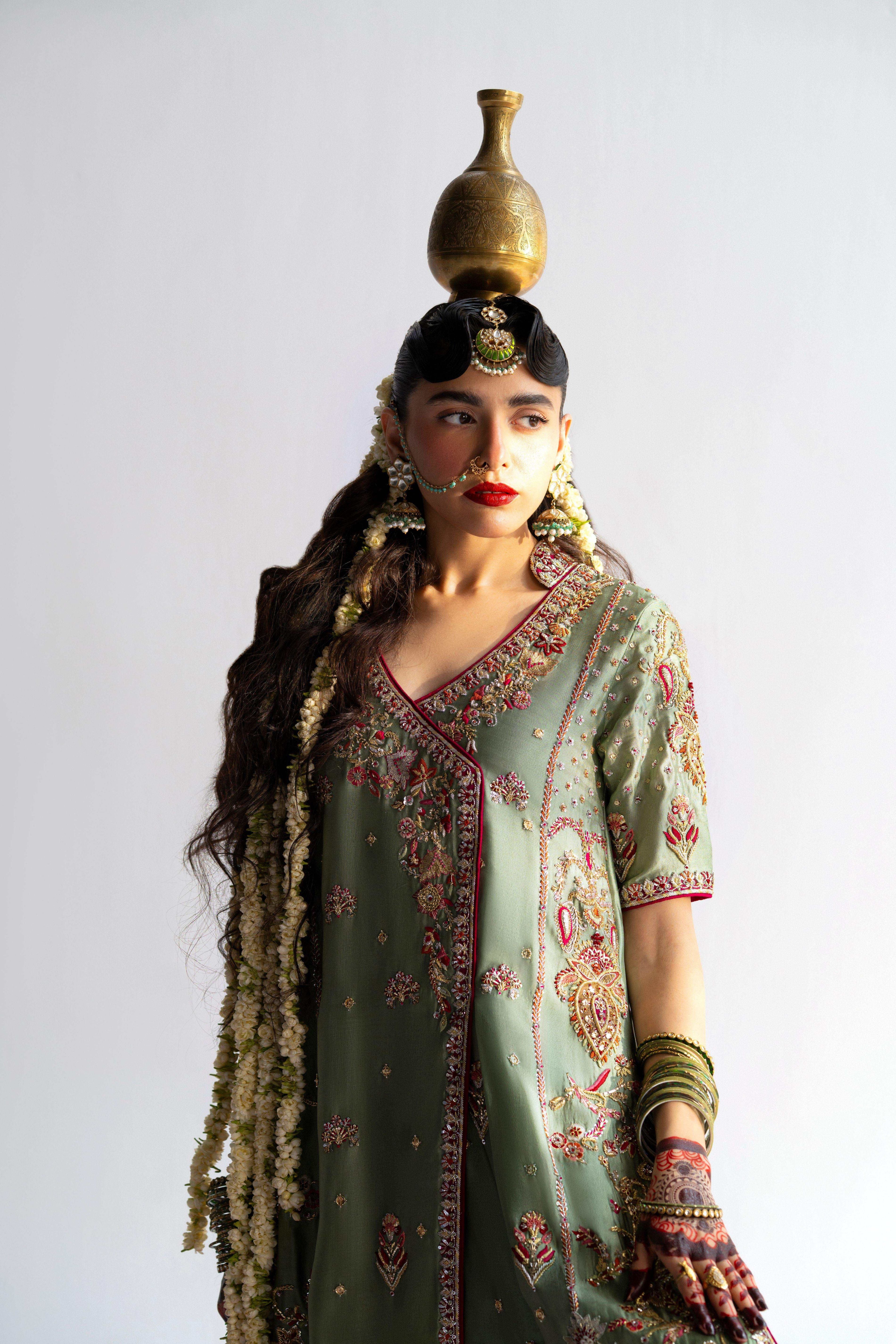 Sage Green Embroidered Tissue Silk Angrakha (3-Piece) - Image 3