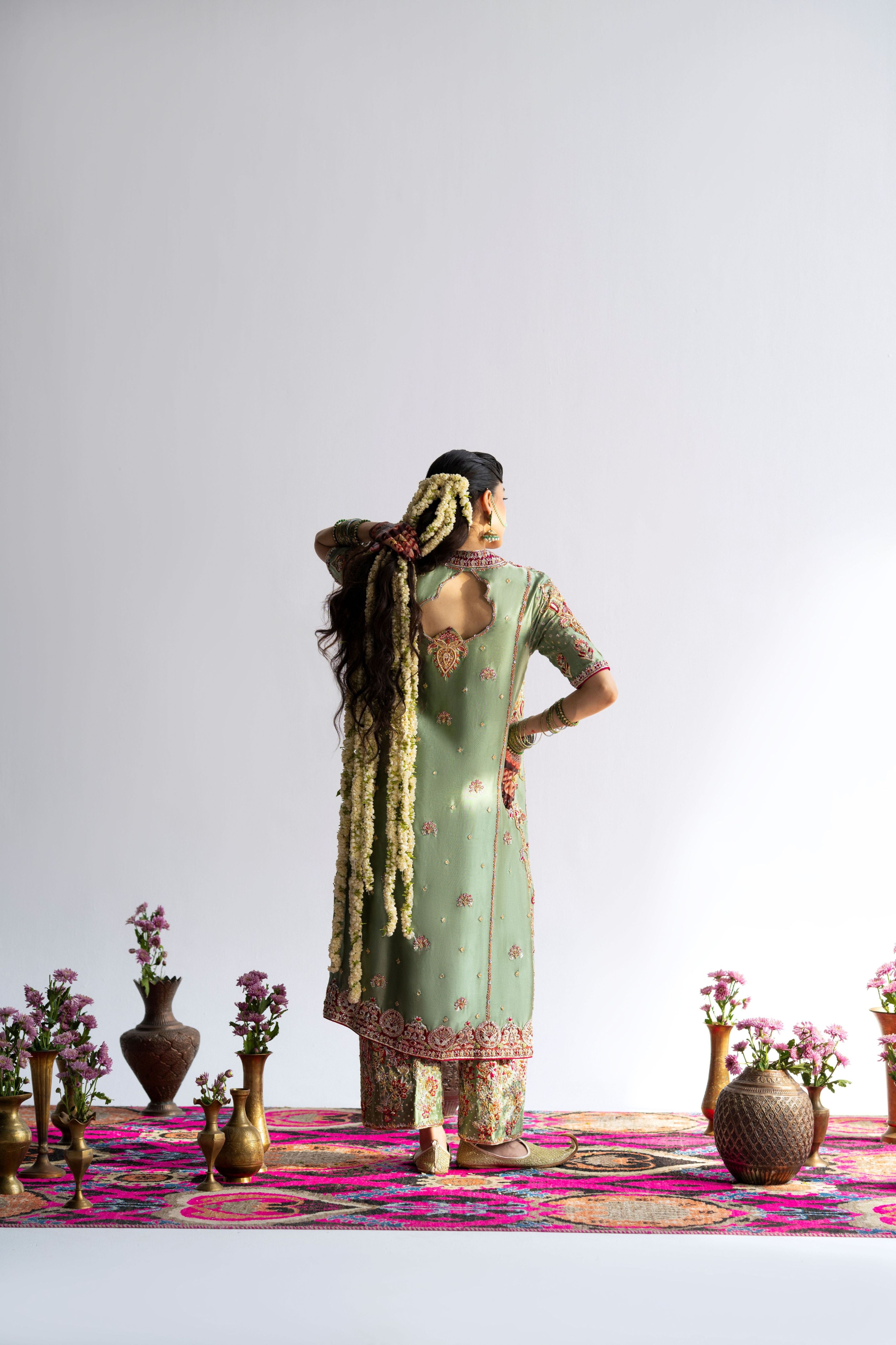 Sage Green Embroidered Tissue Silk Angrakha (3-Piece) - Image 5