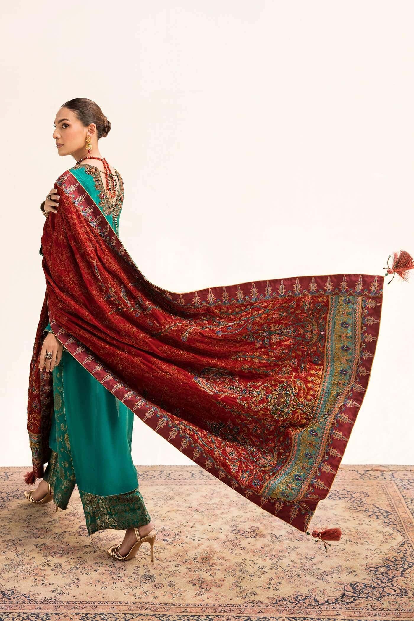 Pakistani Emerald Maroori Velvet & Tissue Silk Angrakha (3-Piece) - Image 1