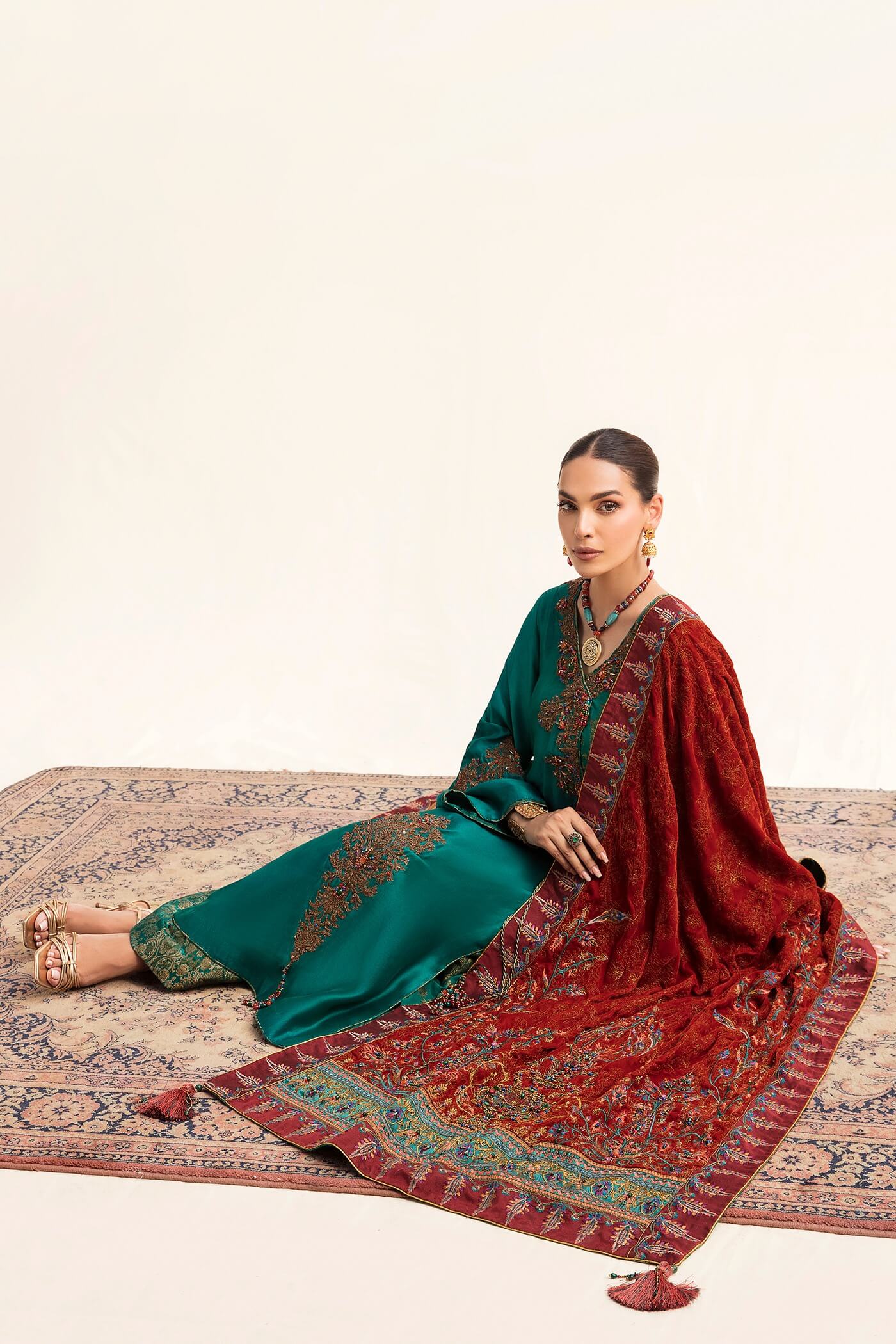 Pakistani Emerald Maroori Velvet & Tissue Silk Angrakha (3-Piece) - Image 3
