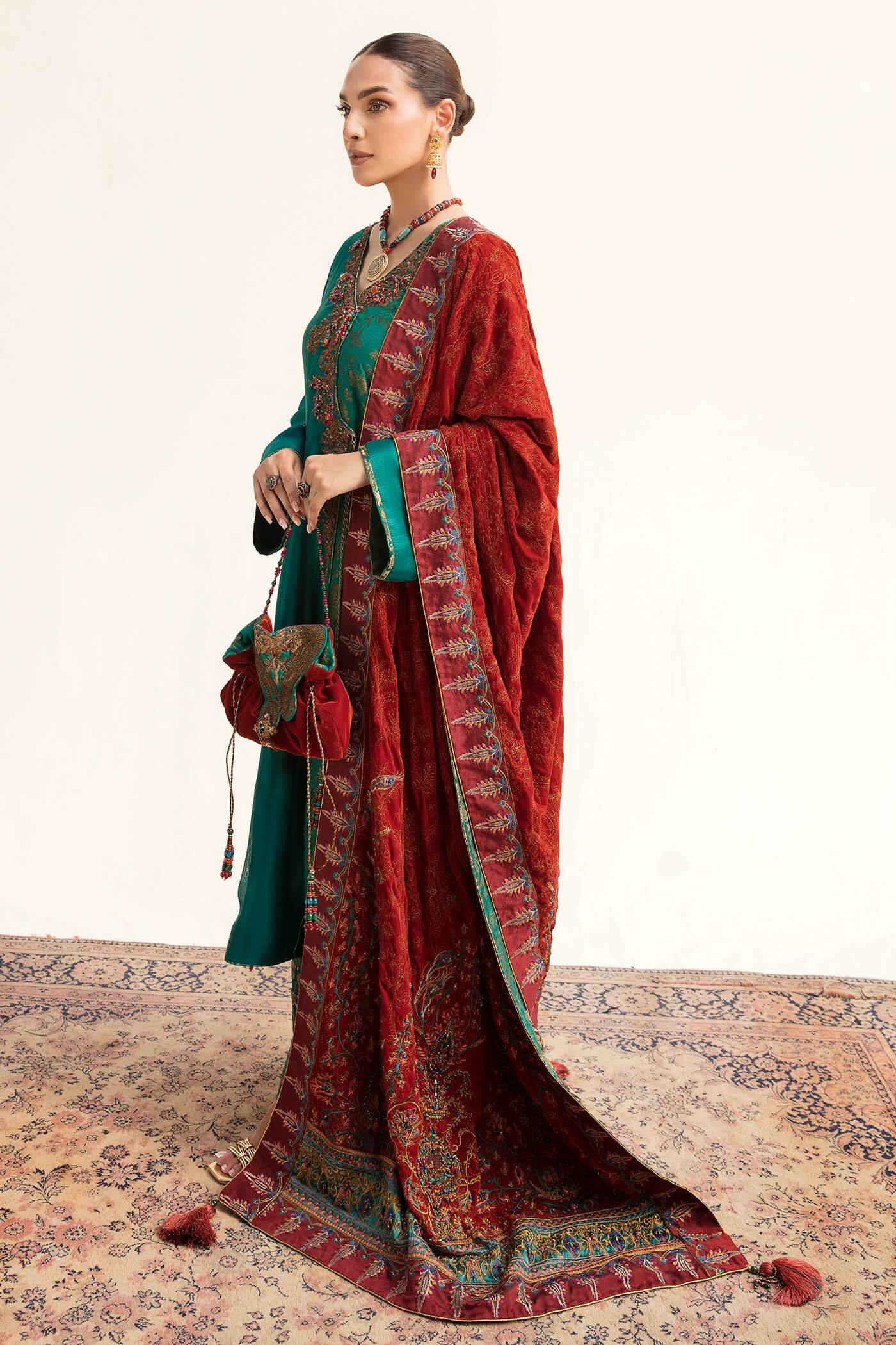 Pakistani Emerald Maroori Velvet & Tissue Silk Angrakha (3-Piece) - Image 4