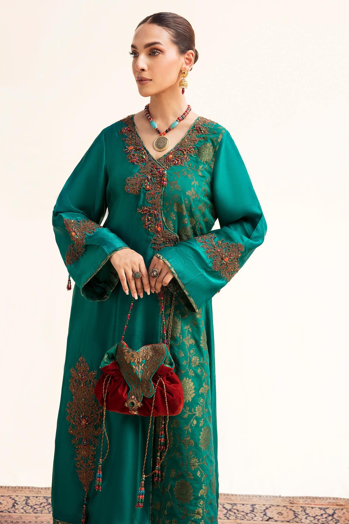 Pakistani Emerald Maroori Velvet & Tissue Silk Angrakha (3-Piece) - Image 5