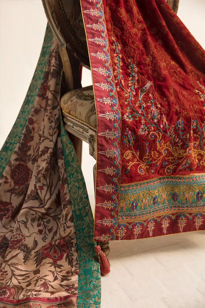 Pakistani Emerald Maroori Velvet & Tissue Silk Angrakha (3-Piece) - Image 6