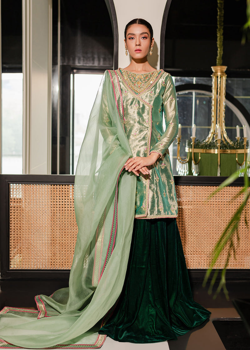Green Embroidered Tissue Angrakha with Velvet Sharara (3-Piece) - Image 1