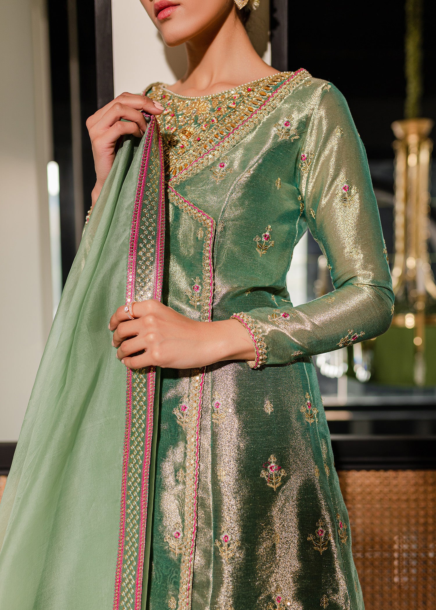 Green Embroidered Tissue Angrakha with Velvet Sharara (3-Piece) - Image 3