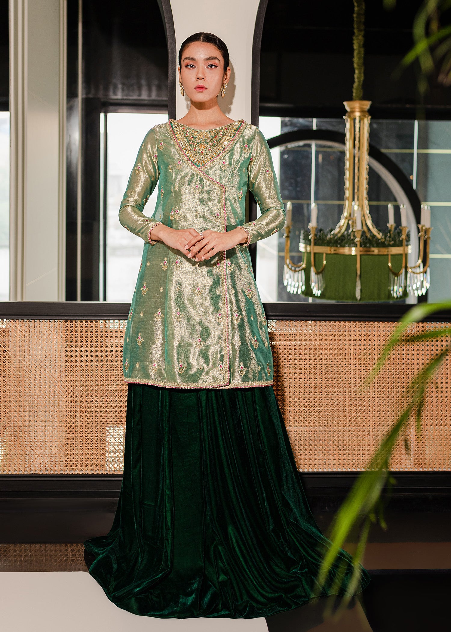 Green Embroidered Tissue Angrakha with Velvet Sharara (3-Piece) - Image 5