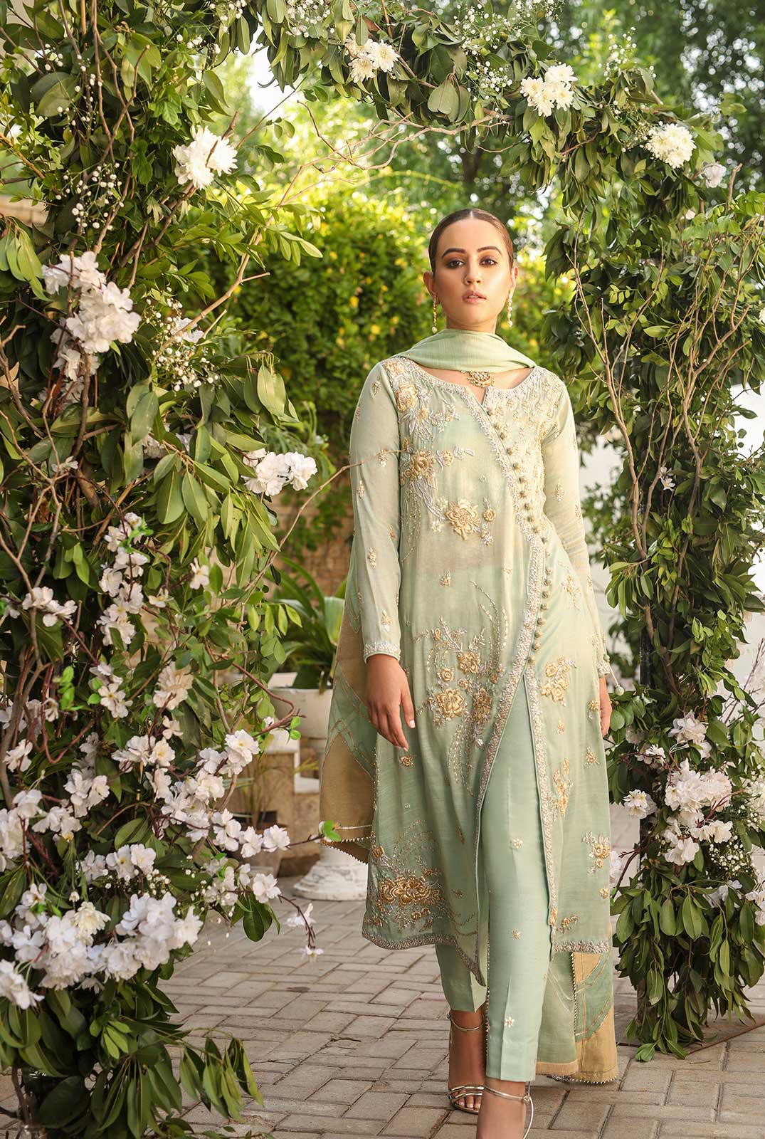 Pakistani Mint Zardozi Gota Silk Angarkha (3-Piece) - Image 2