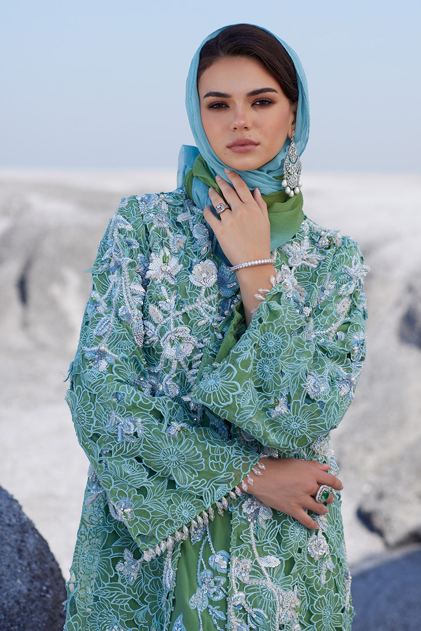 Green 3D Embroidered Silk & Organza Jacket (3-Piece) - Image 2