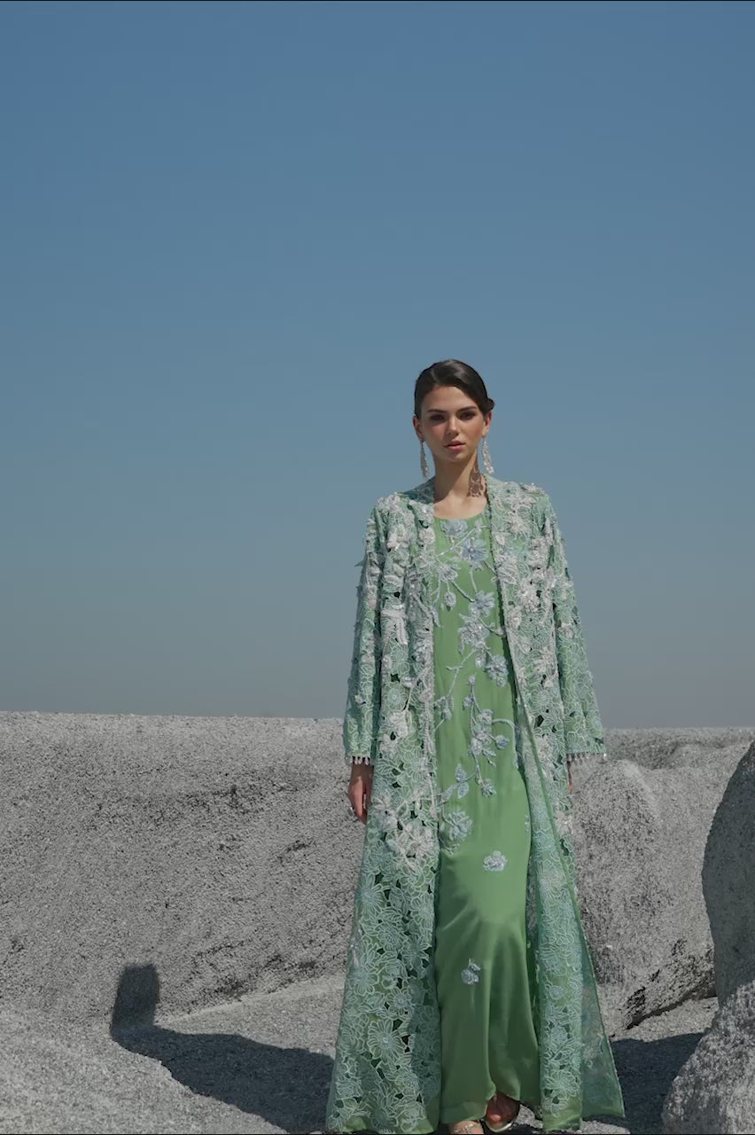 Green 3D Embroidered Silk & Organza Jacket (3-Piece) - Image 6