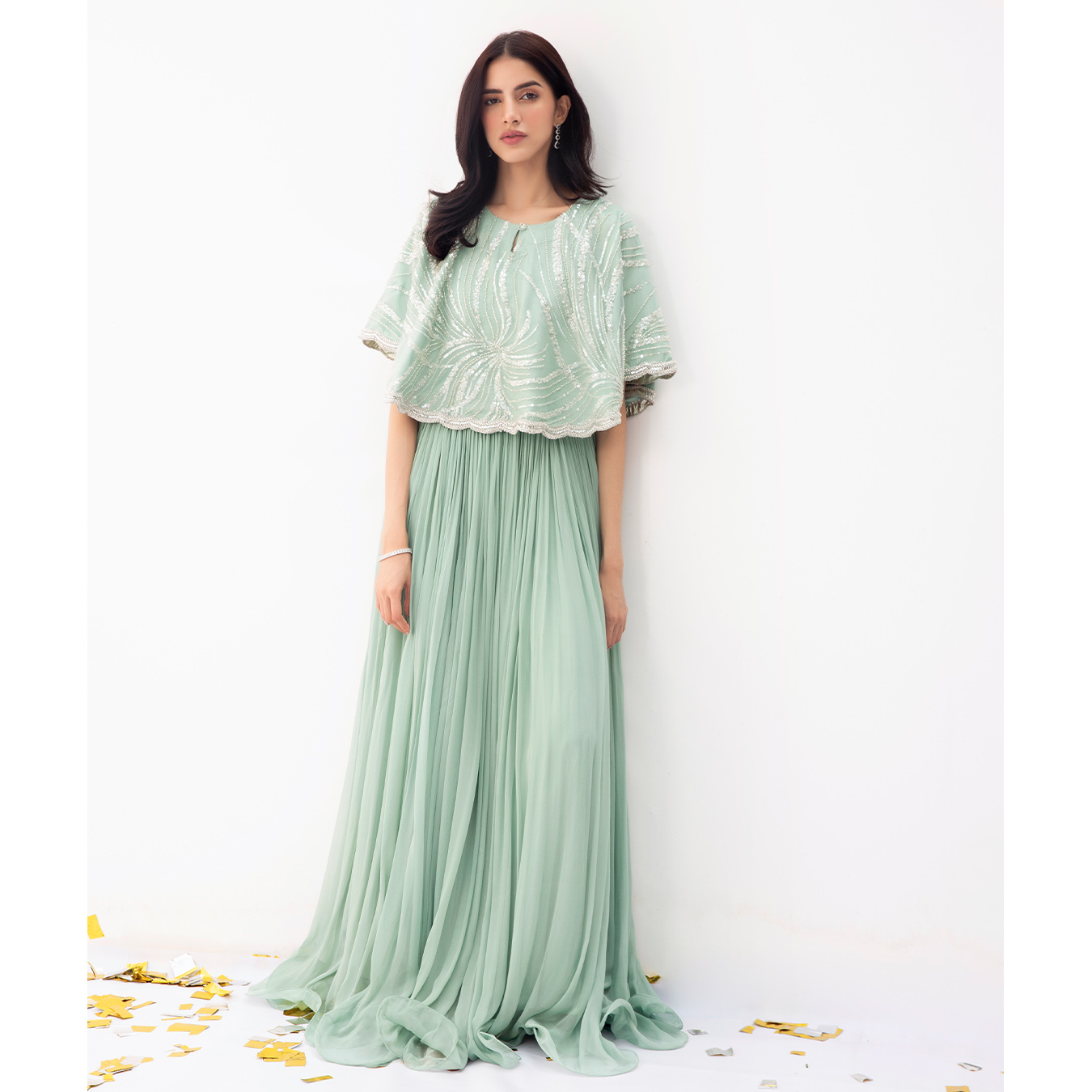 Mint Sequin Embroidered Chiffon Cape Dress (2-Piece) - Image 1