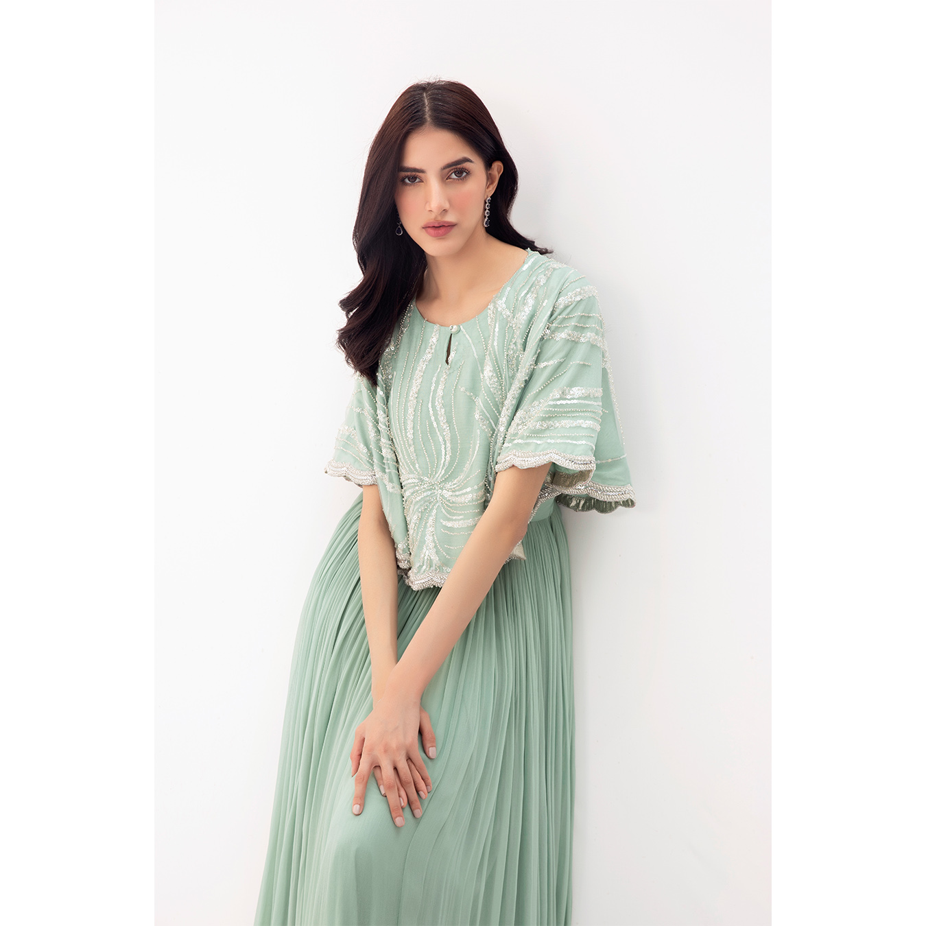 Mint Sequin Embroidered Chiffon Cape Dress (2-Piece) - Image 2