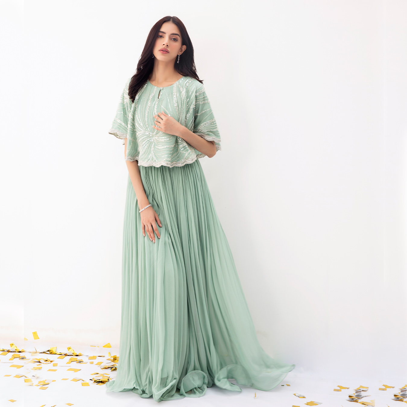 Mint Sequin Embroidered Chiffon Cape Dress (2-Piece) - Image 3