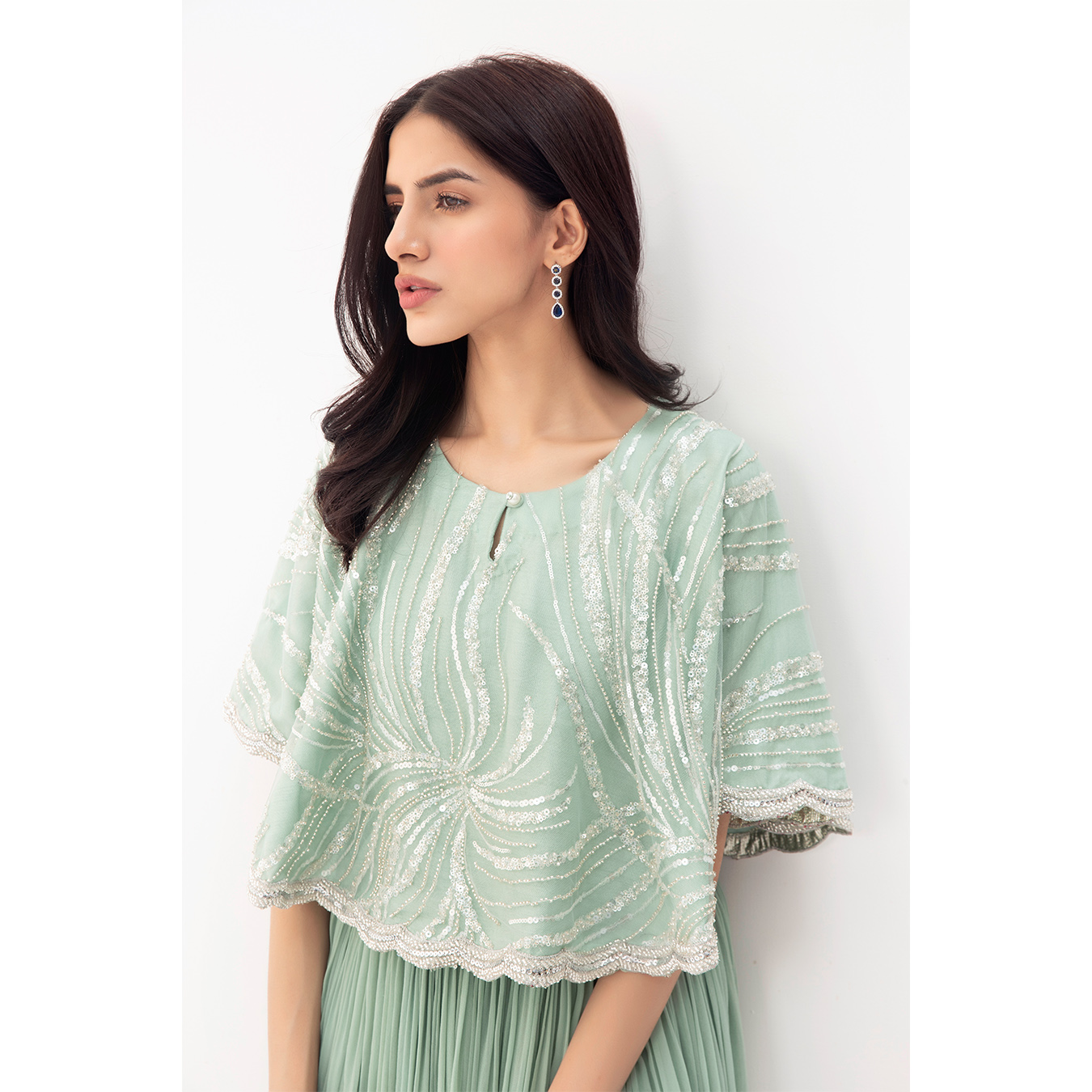 Mint Sequin Embroidered Chiffon Cape Dress (2-Piece) - Image 4