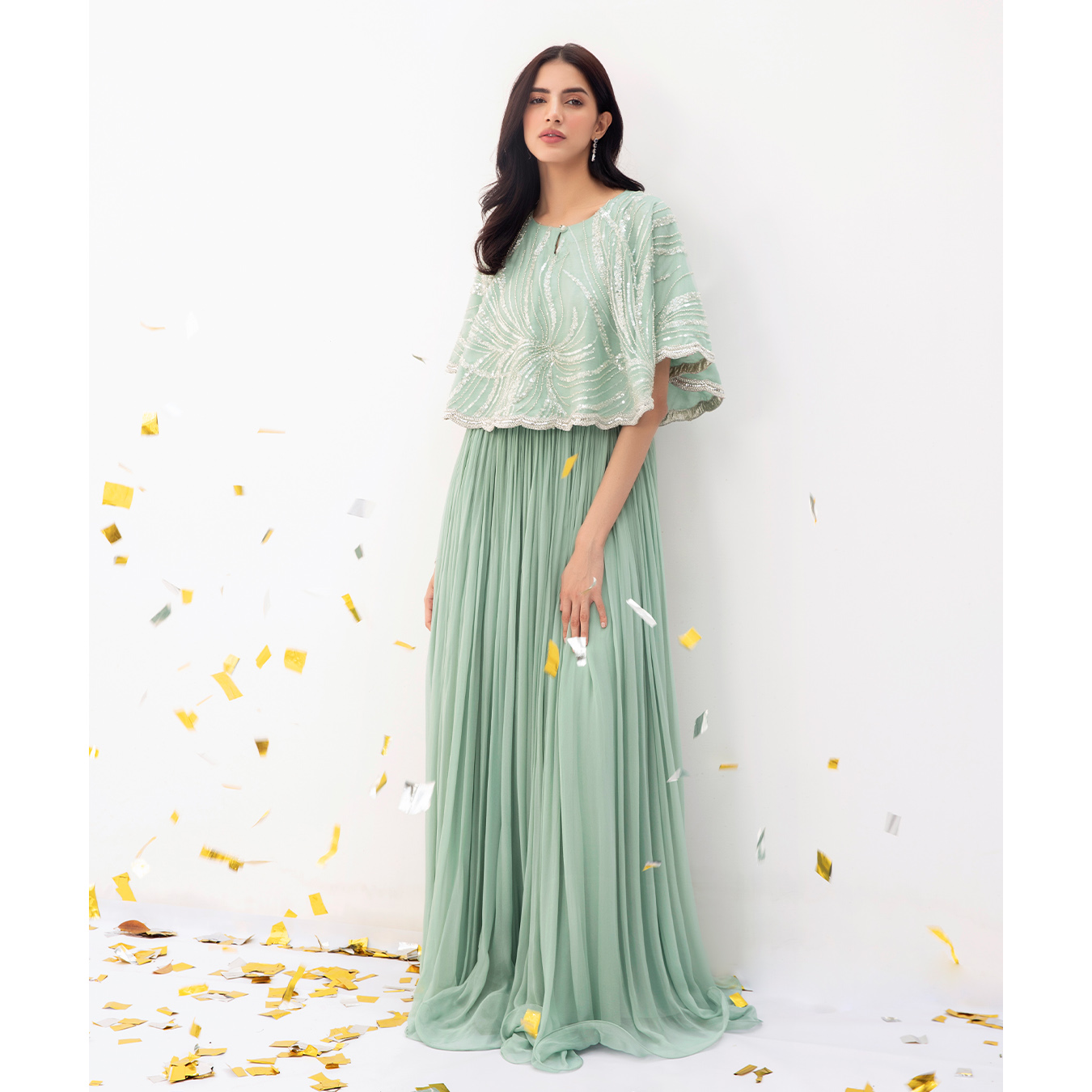 Mint Sequin Embroidered Chiffon Cape Dress (2-Piece) - Image 5