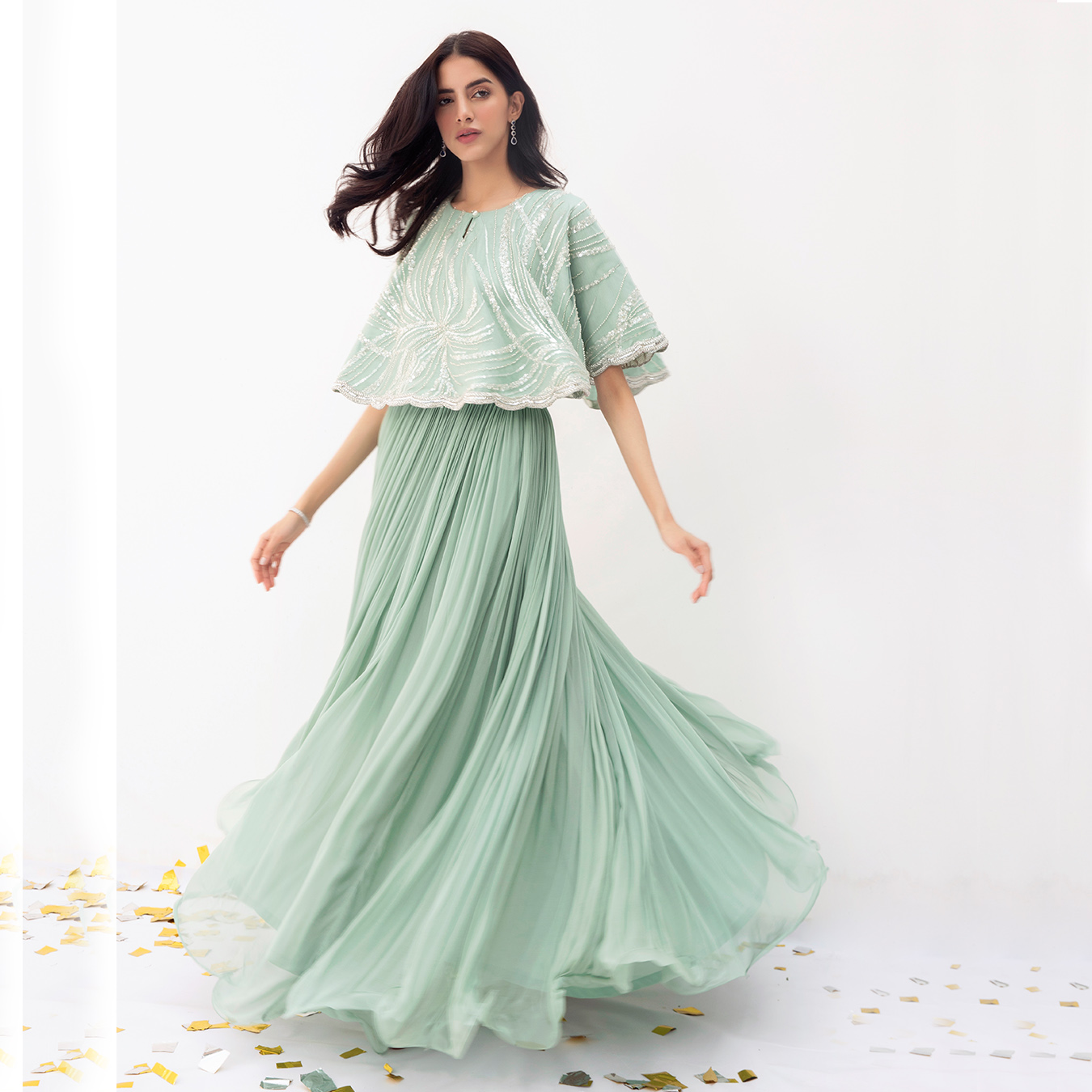 Mint Sequin Embroidered Chiffon Cape Dress (2-Piece) - Image 6