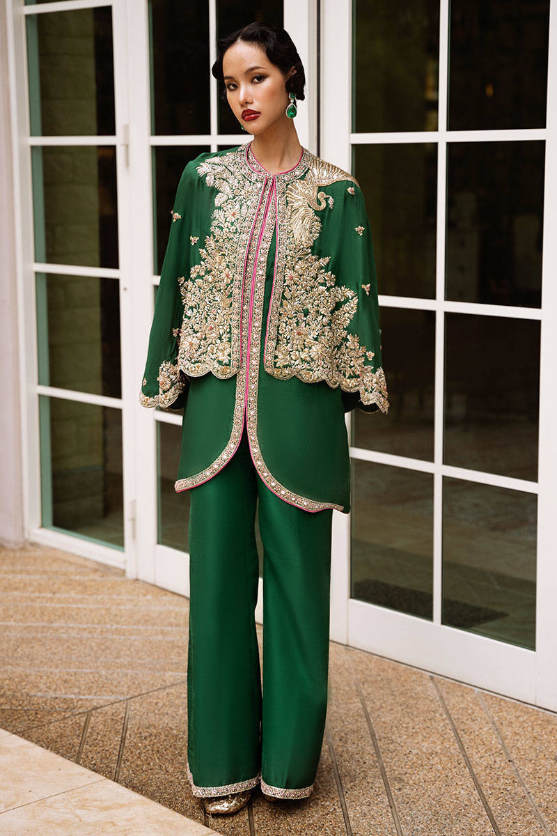 Emerald Green Zari Dabka Crepe Cape Dress (3-Piece) - Image 1