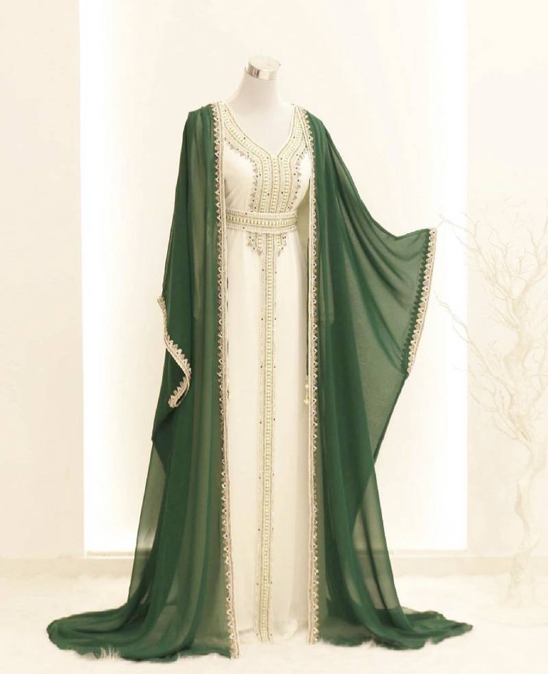 Pakistani Deep Green Embroidered Georgette Kaftan Gown (1-Pc) - Image 1