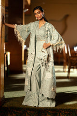 Pakistani Pistachio Green Embroidered Lace & Silk Cape Dress (3-Piece) - Image 2